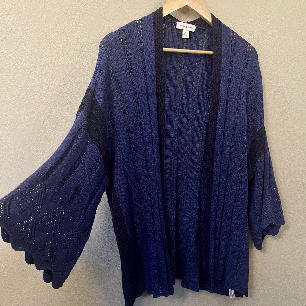Vintage X America Oversized Open Knit Cardigan Dark Blue Crochet Cottage‎ Sz L